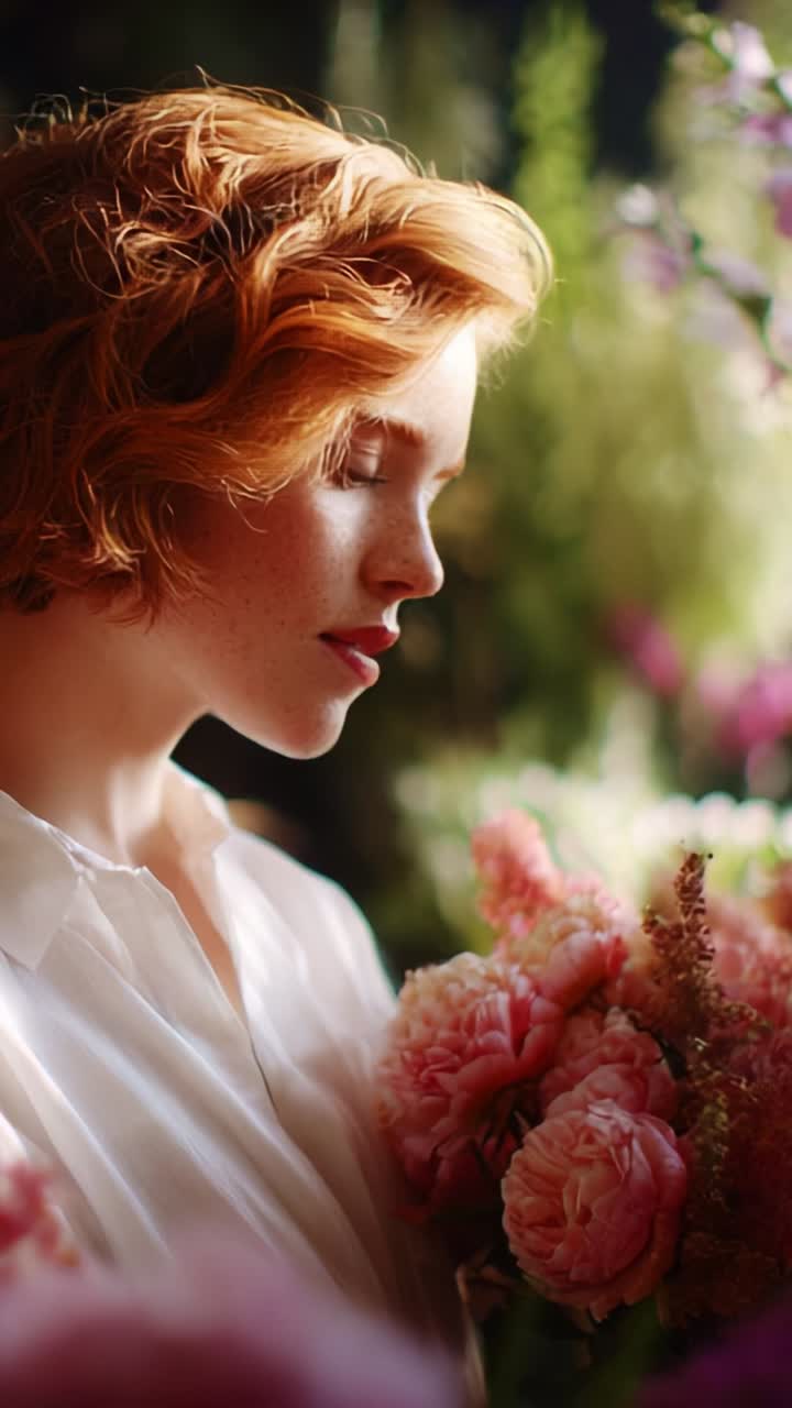 A Young Woman with Golden Hair Embraces a Bouquet of Pink Flowers, Capturing a Serene Moment in Nature's Embrace While Bathed in Soft Light