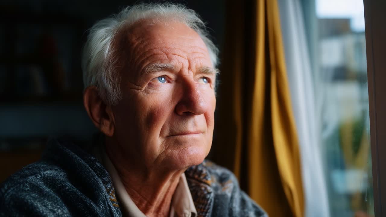 Reflective Senior Man Gazing Out the Window Contemplating Life's Journey and Memories in a Soft, Warmly Lit Interior Setting, Captured in Two Emotional Frames