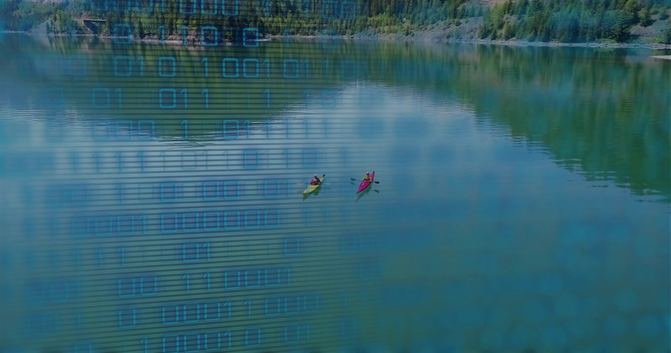 Two kayakers paddling tranquil turquoise mountain lake, showing binary code overlay in flat design