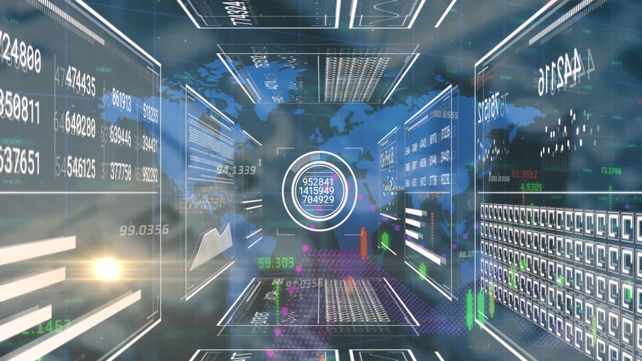 Animation of light spot and interface with data processing against world map on blue background