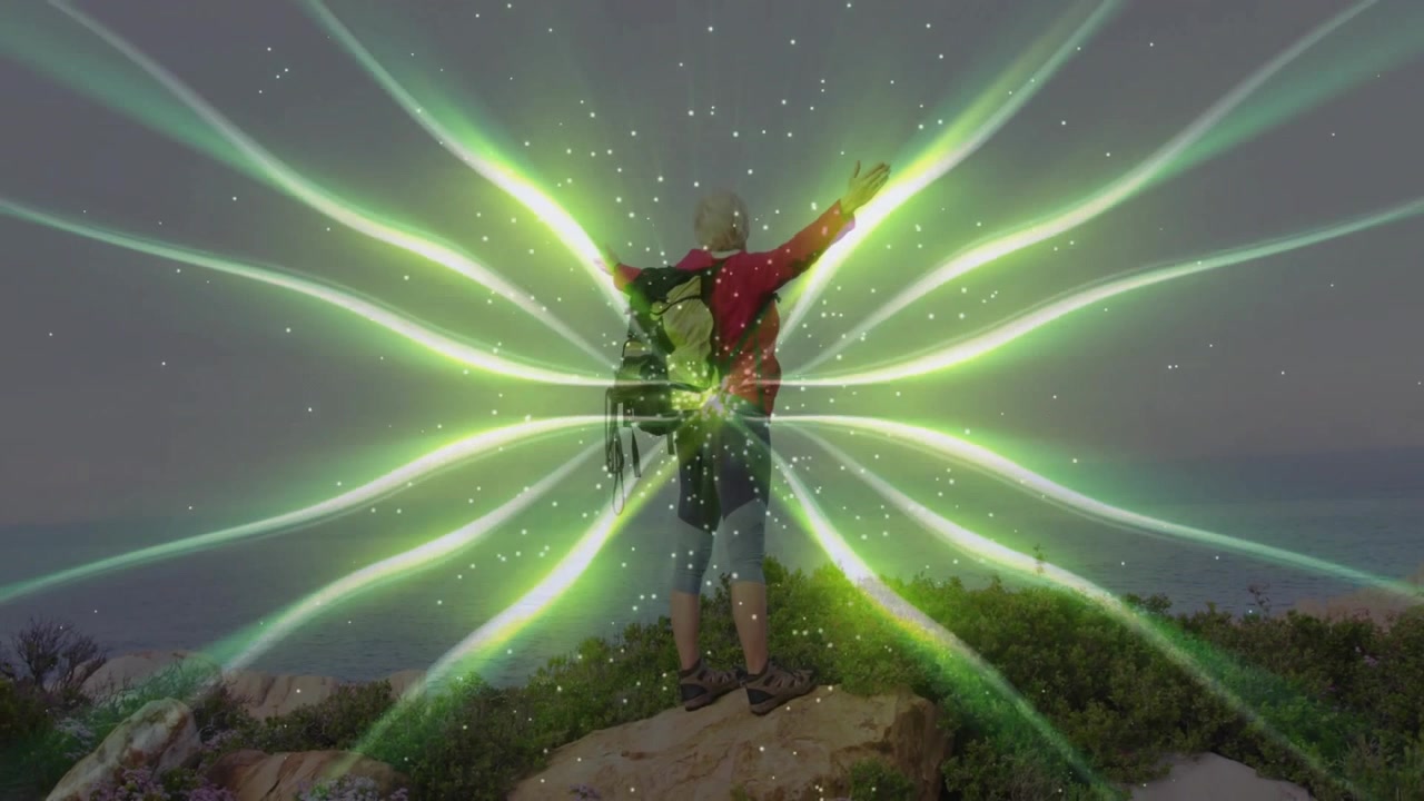 Tech ad showing hiker raising arms bluff sparking green energy beams pulsing celebrating summit