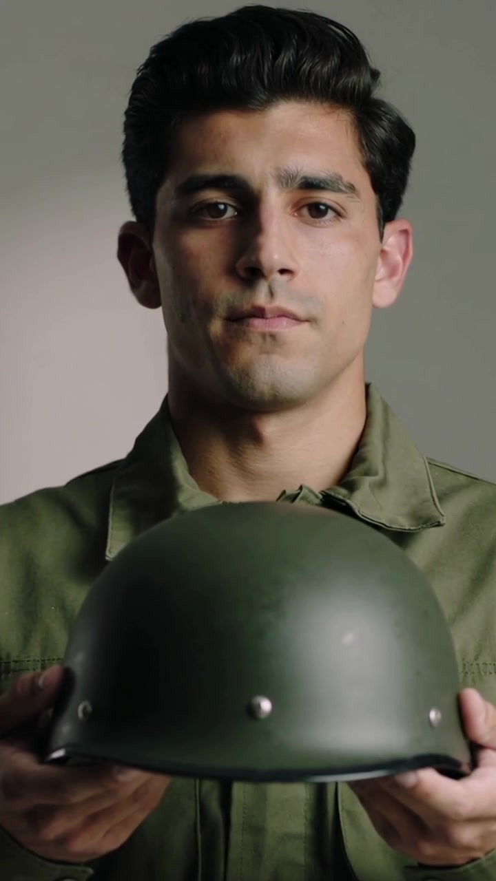 Video vertical: Grabación de un hombre con camisa militar sosteniendo un casco a la altura del pecho para exhibición en un estudio.