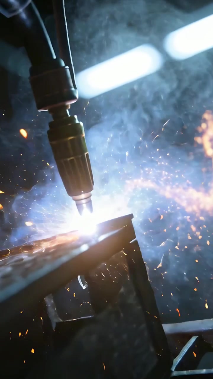 Video verticale: Una torcia per saldatura che entra nell'inquadratura e tocca un pezzo metallico in officina, creando un cordone di saldatura.