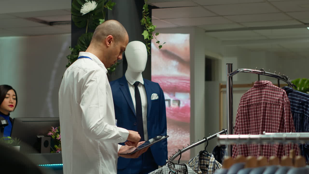 hombre usando una tableta en una tienda de ropa