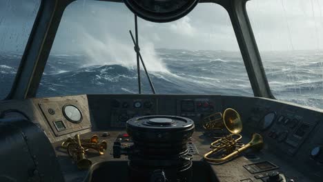 a dramatic view from the ship's bridge as turbulent waves crash outside, capturing the tension and power of the ocean during a stormy voyage