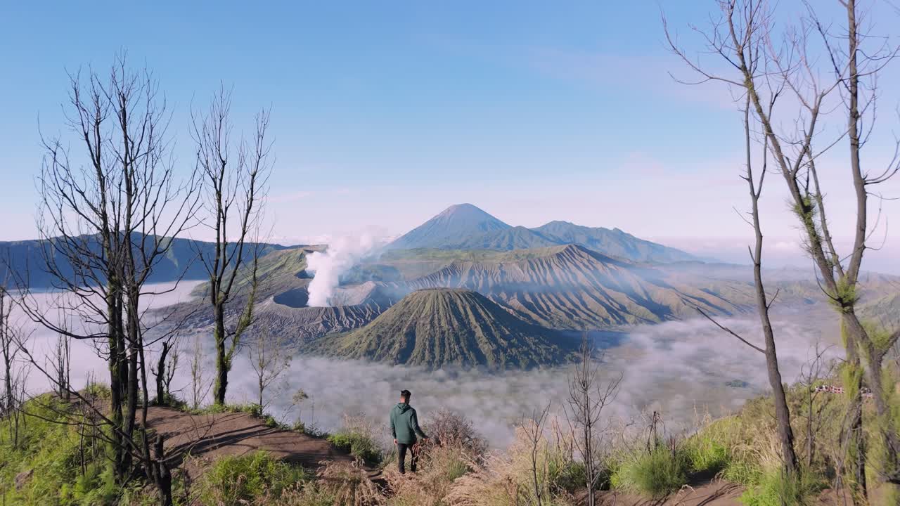 Aerial tracking shot of a tourist overlooking Mount Bromo crater beautiful landscape