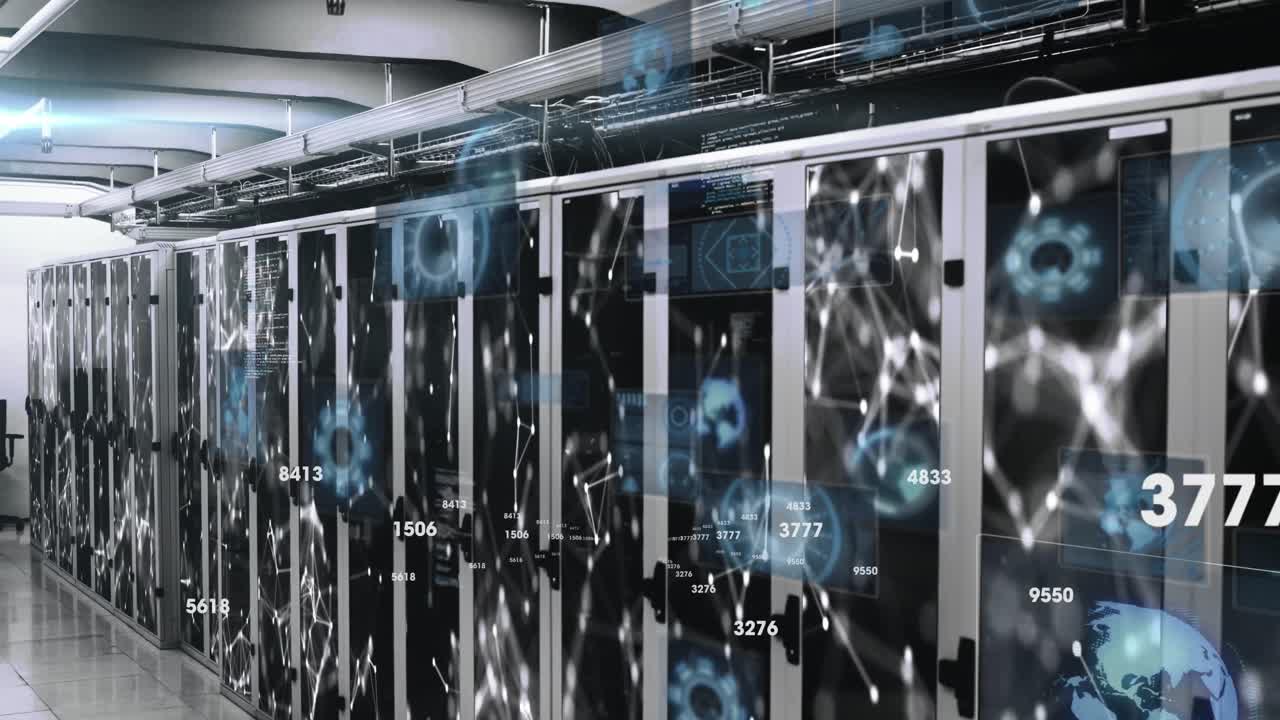 animación de números cambiantes, escáner redondo y red de conexiones contra la sala de servidores