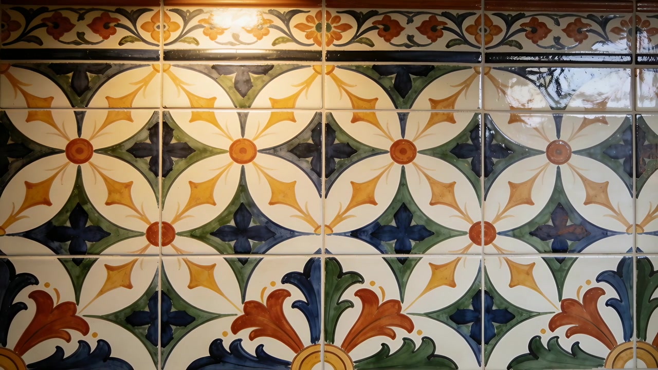 Panoramica lenta della telecamera che rivela un pannello di piastrelle di ceramica smaltate in cucina, mostrando il bordo superiore e la lucentezza.