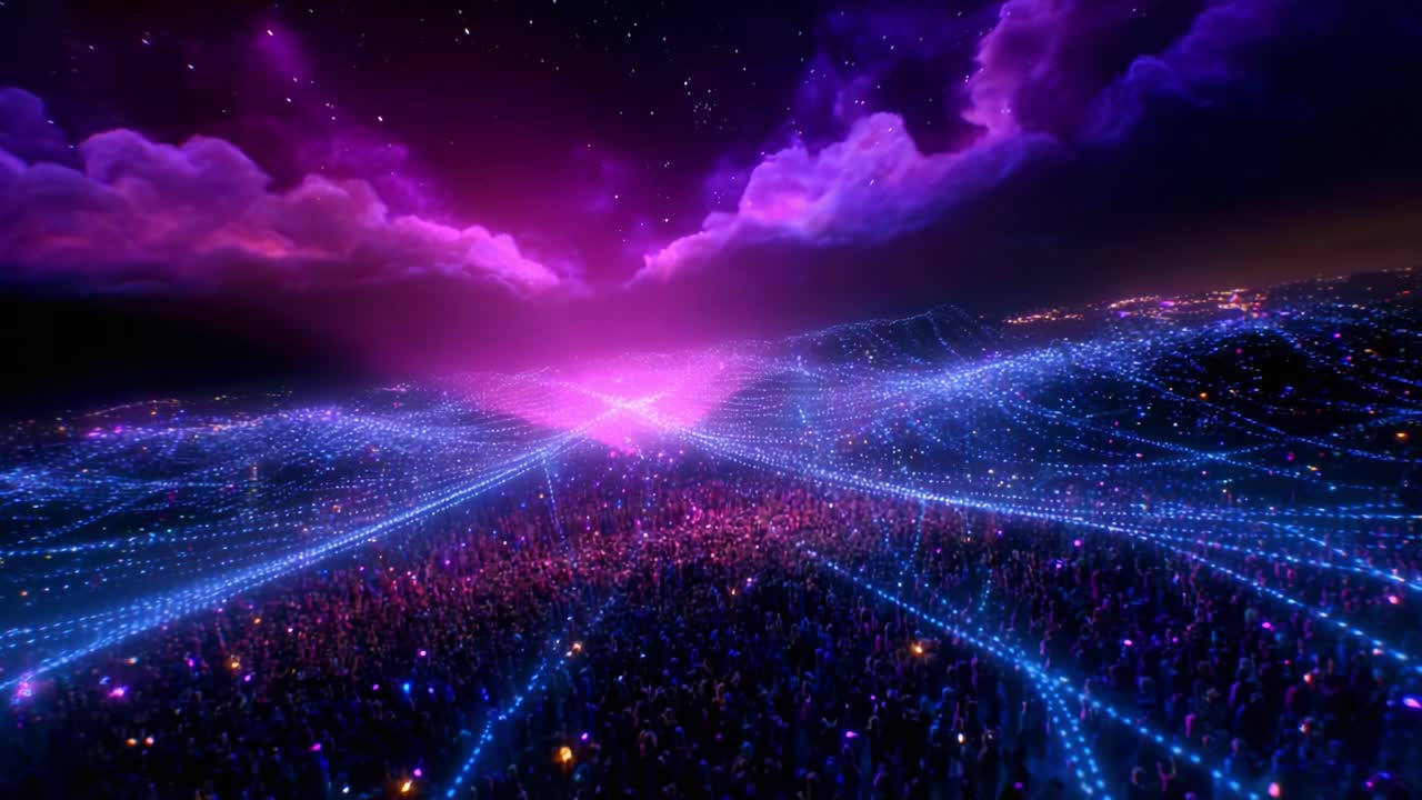 An Expansive Digital Landscape Illuminated by Vibrant Streams of Light, Blending Deep Purples and Blues Under a Starry Sky Creating a Dreamlike Atmosphere of Unity and Connection