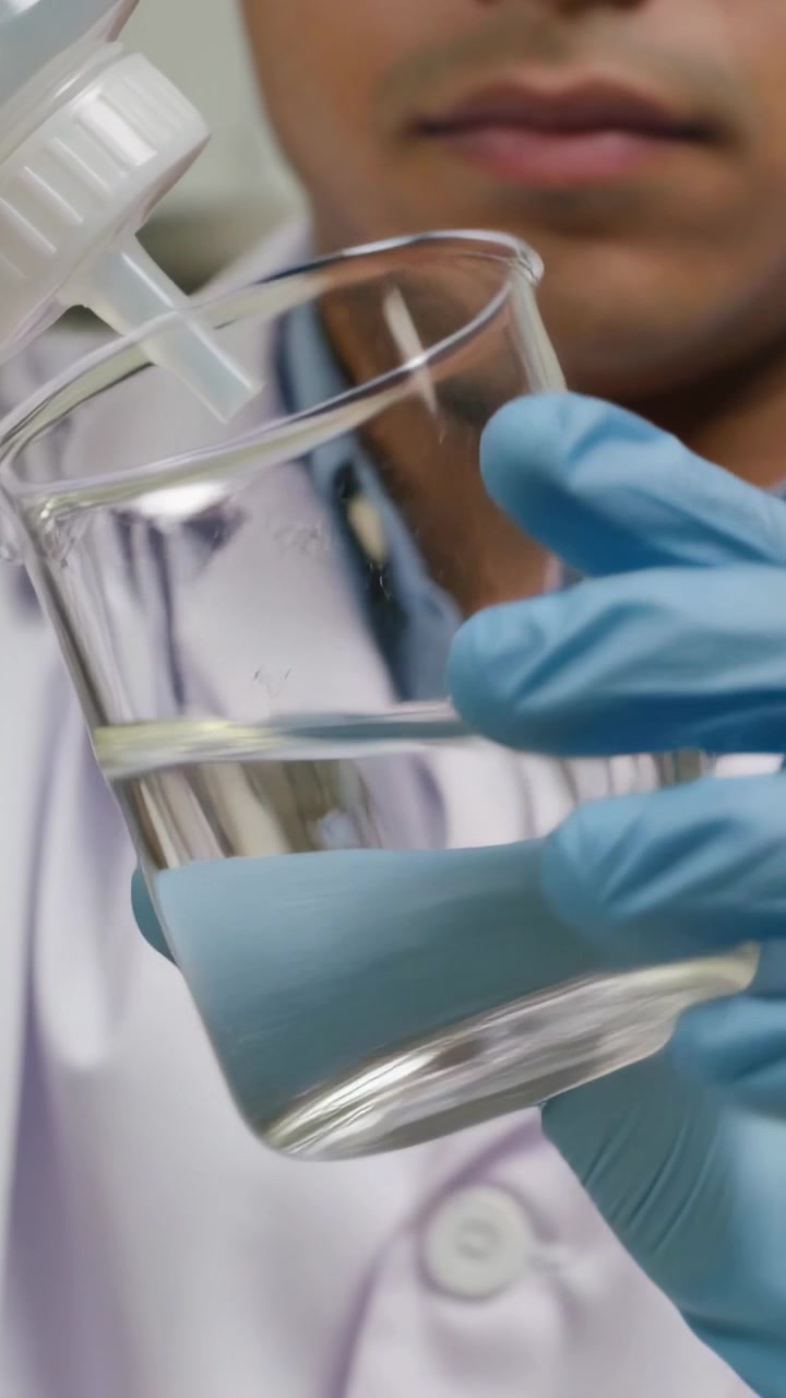 Video verticale: Tecnico di laboratorio con camice e guanti che preme una bottiglia sopra un becher in laboratorio, mescolando per un test