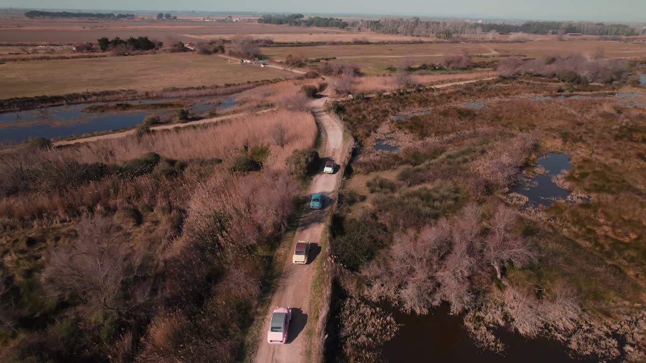 fotografía de seguimiento aéreo de un grupo de coches vintage deux chevaux conduciendo a través de francia