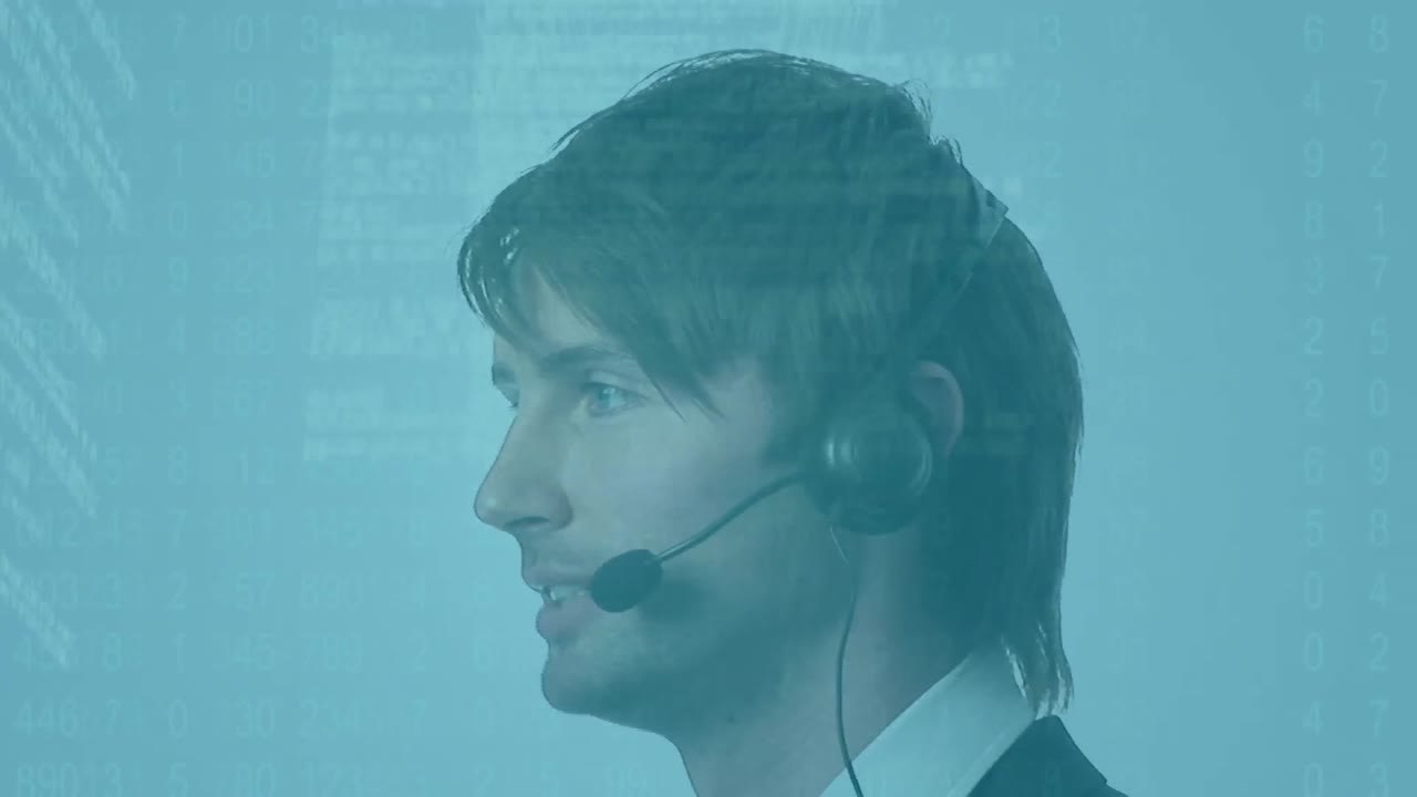 Screens with data processing against caucasian male customer care executive talking on phone headset