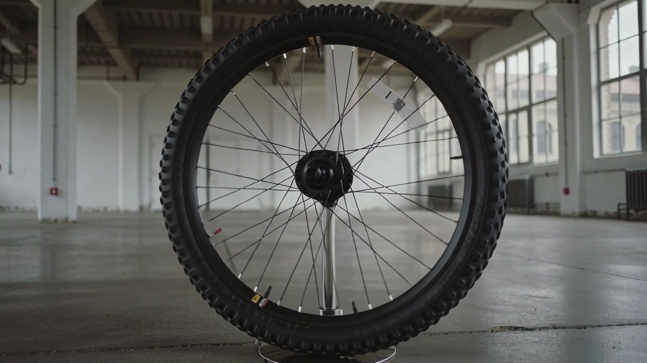 Spinning bicycle wheel mounted on vertical stand rotating after manual push in hall, with white tag
