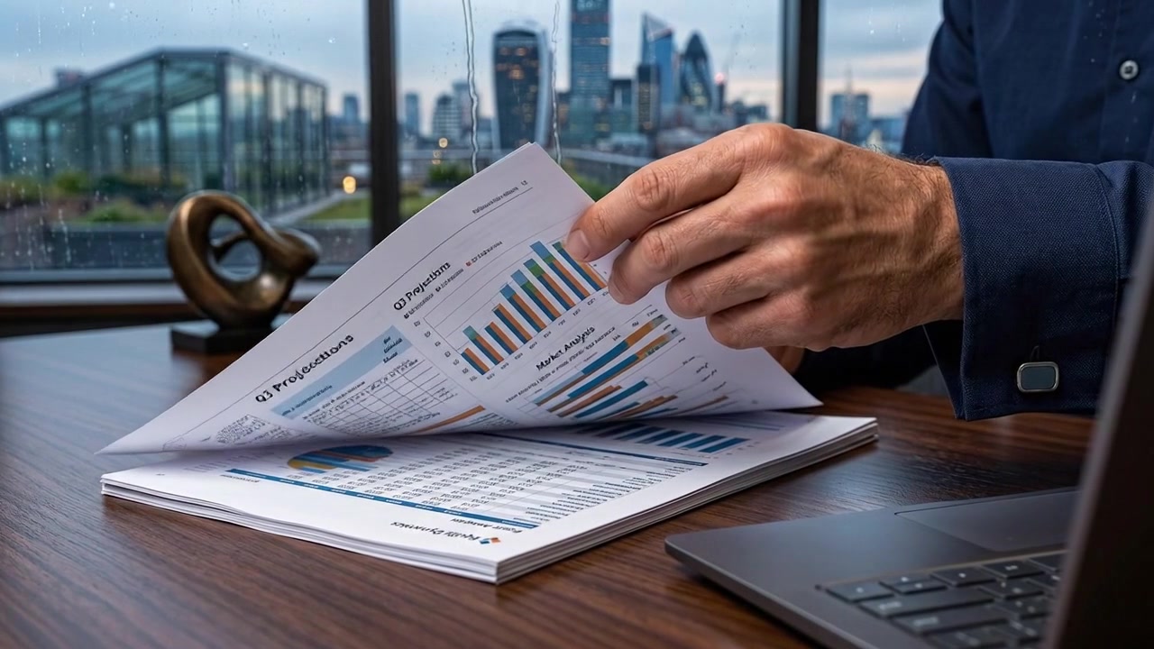 Uomo d'affari che esamina grafici finanziari in un ufficio moderno.