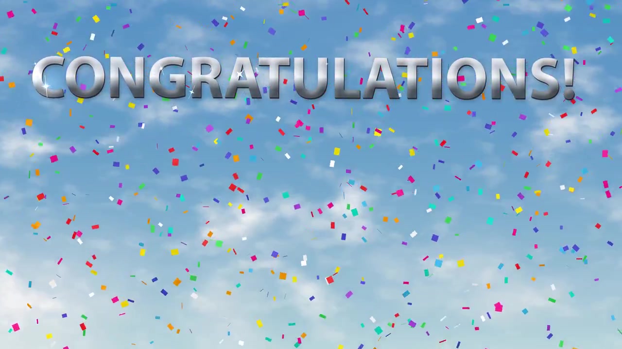 Colorful Confetti Falling Against a Blue Sky Background with Congratulations Text