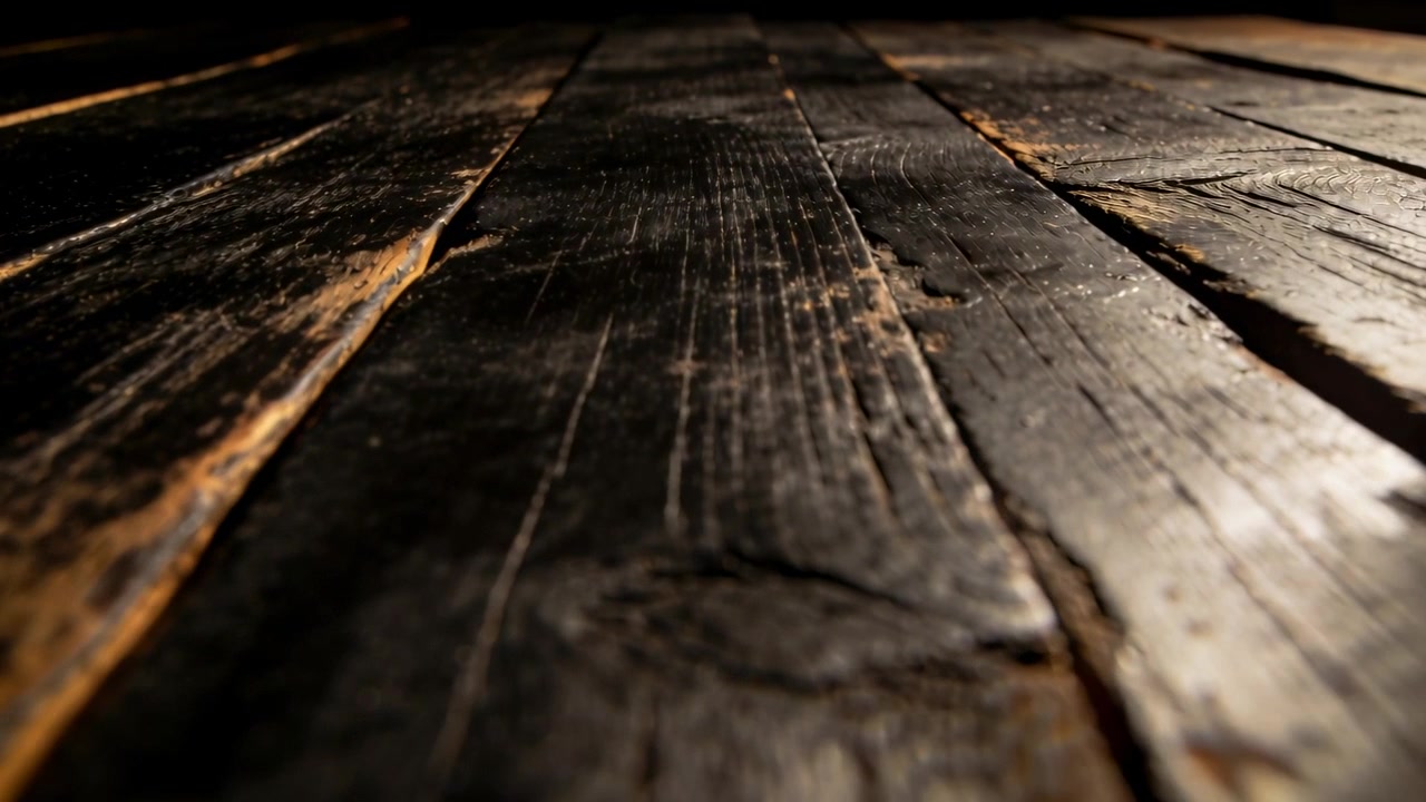 Una telecamera a bassa angolazione avanza lentamente rivelando le assi invecchiate di un pavimento in legno in un interno in penombra, mostrando la trama.