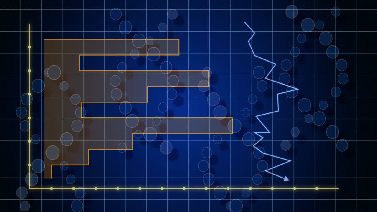 animación de gráficos de barras y líneas sobre fondo de cuadrícula azul con puntos de datos circulares
