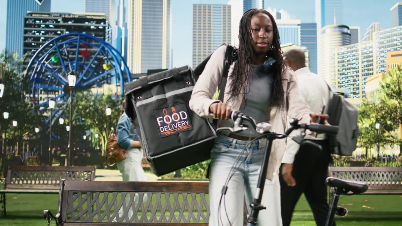 Woman bicycle courier getting up on bike receiving new order on mobile app