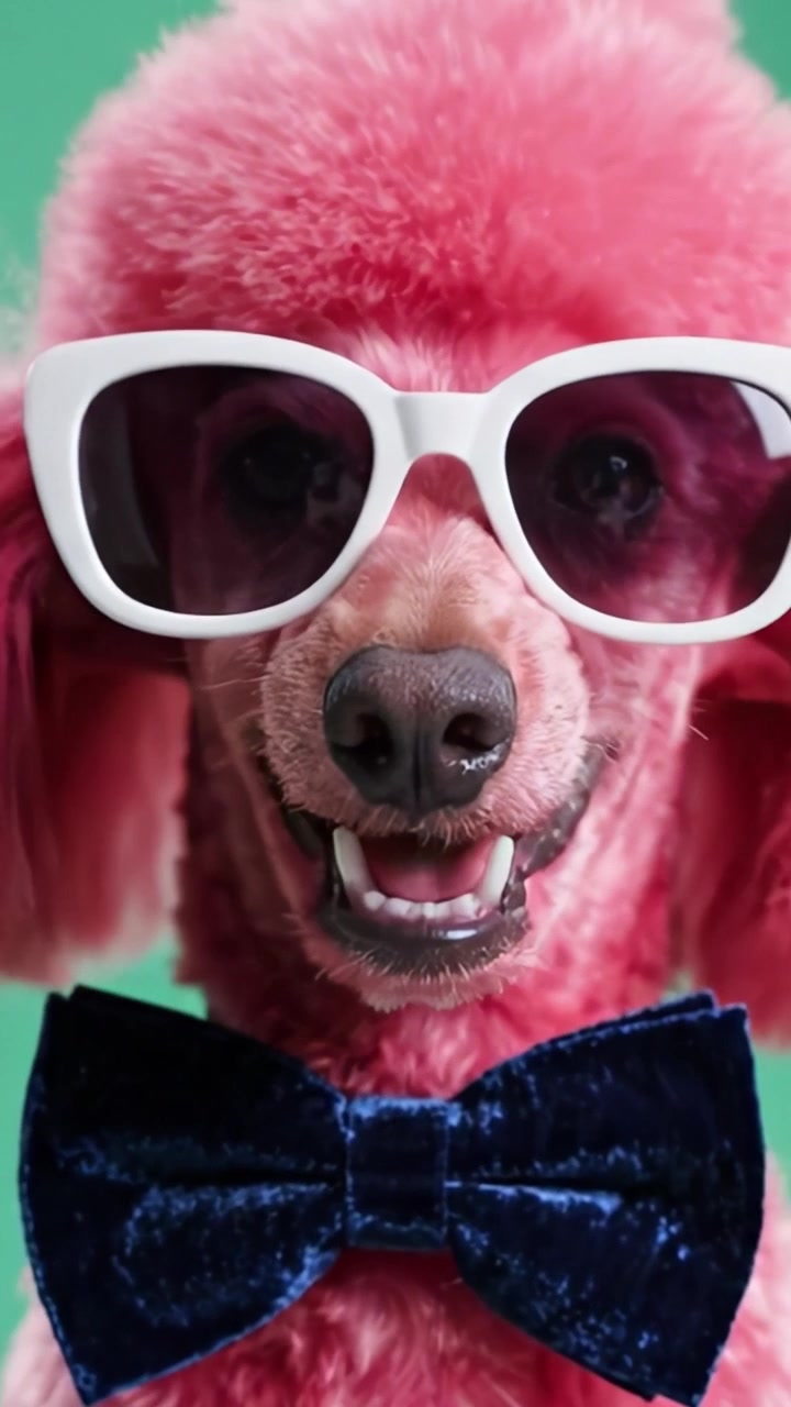 Ein lustiger und stilvoller pinker Pudel, gekleidet in Sonnenbrille und Fliege, posiert für die Kamera und präsentiert seine einzigartige und verspielte Persönlichkeit vor einem leuchtend grünen Hintergrund.
