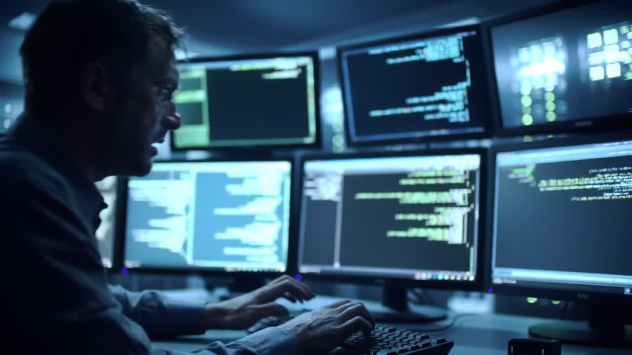 A determined programmer works intensely in a dimly lit room filled with multiple screens displaying complex code and digital data, showcasing high-tech cybersecurity challenges