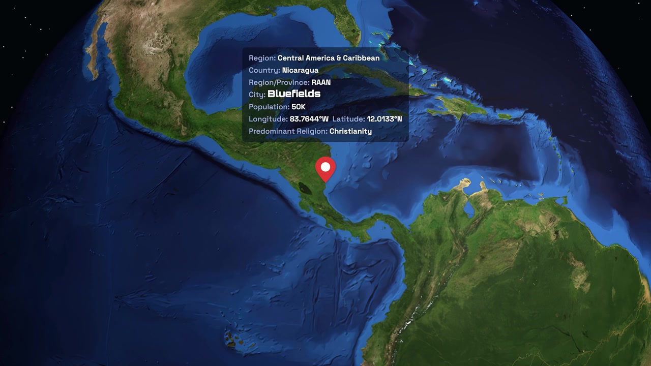 Digital earth rotates and zooms into Central America, highlighting Bluefields Nicaragua with informative text