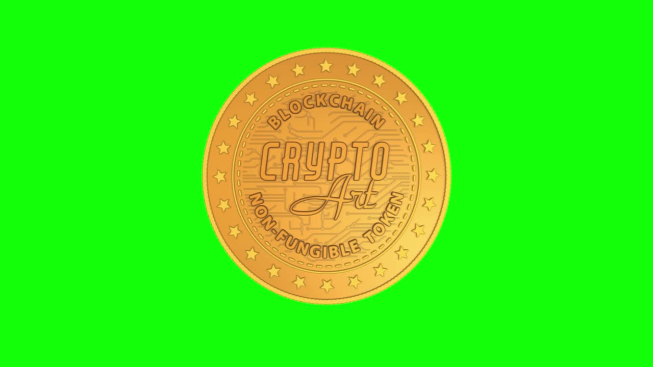 nft 크립토 아트 골든 코인은 녹색 화면에 고립된 루프입니다.