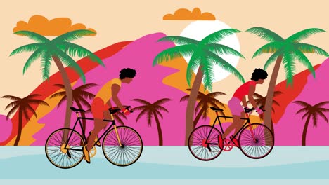 african american man and woman cyclists is riding bicycle on the beach with sunset. summer cartoon animation, flat design, loop 4k