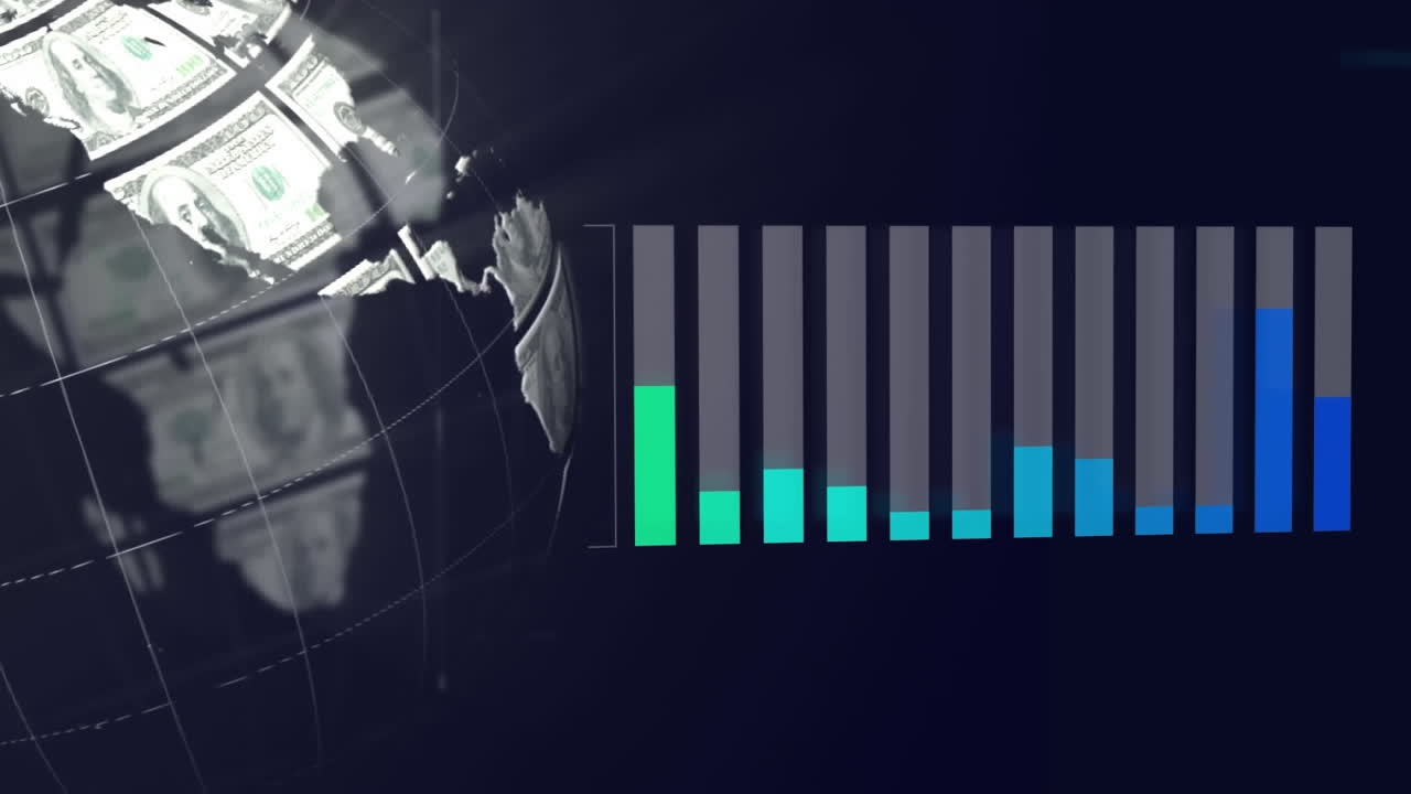 Animation of statistical data processing over globe of american dollar bills spinning