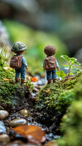 two miniature figures explore a lush forest stream on a sunny day