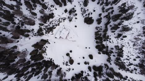 aerial top down winter snow covered mountain slope, trees glowing and snowy hut cabin lehnberghaus in austria, bird's eye view flying down