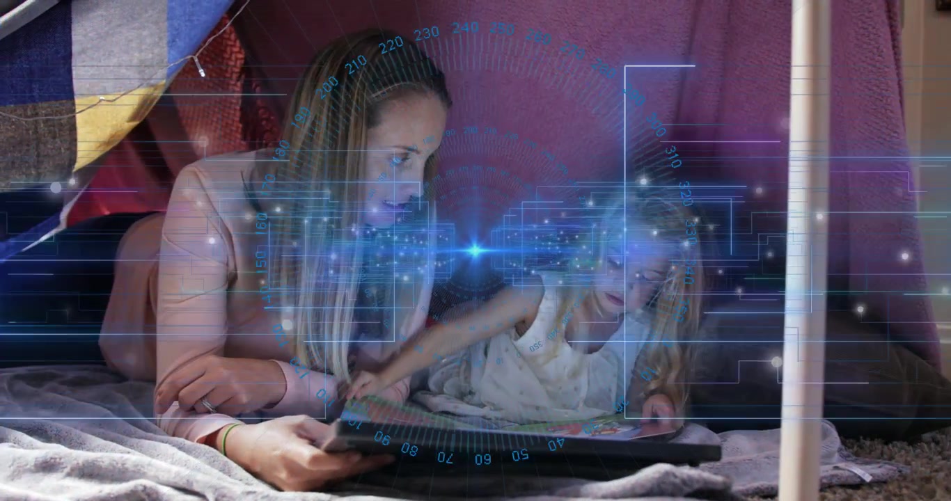 Assistente che tiene un tablet, bambino che si allunga e gira le pagine in un fortino, con HUD blu che guida l'educazione.