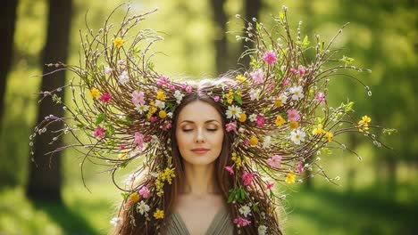 a captivating portrait of a woman adorned with delicate floral arrangements and twigs, showcasing nature's beauty in a lush green setting