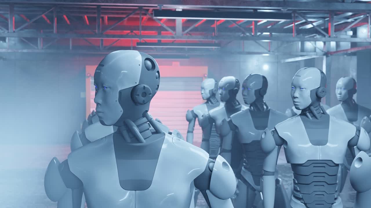 primer plano de la fábrica de inteligencia artificial de robots humanoides que mueven su cabeza de un lado a otro desarrollo futurista animación de renderización 3d