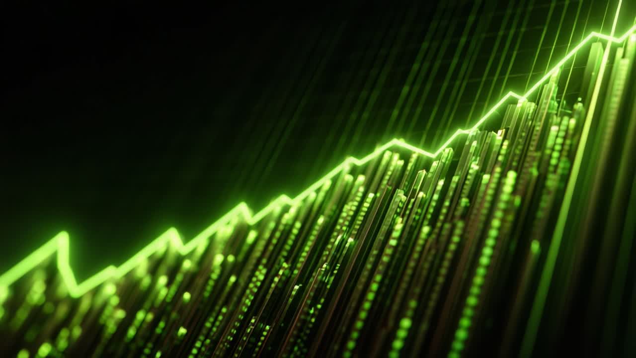 Grafico dinamico a linee verdi che rappresenta i trend dei dati con un'estetica digitale futuristica catturata in due fotogrammi chiave