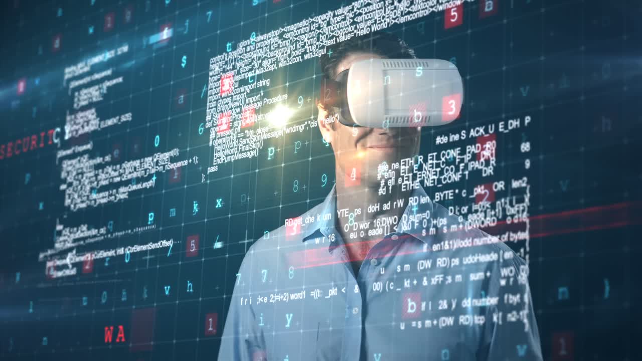 Man using virtual reality headset and futuristic screen