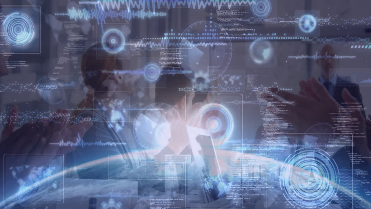 In office, business team discussing digital data with technology animation overlay