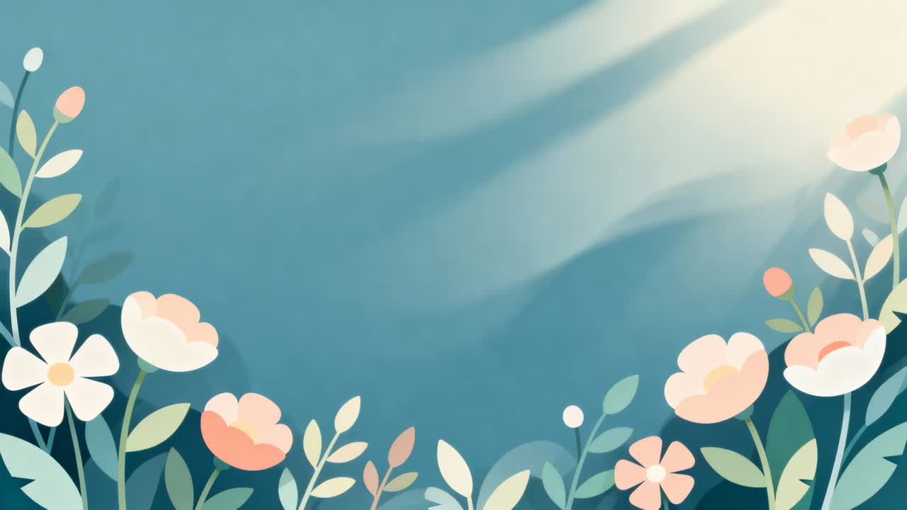 Shifting sunbeams causing floral border tilting stems and lightening petals in teal-blue garden