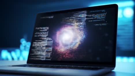 an intriguing display of cosmic imagery merged with complex programming code on a modern laptop, showcasing the intersection of technology and astronomy