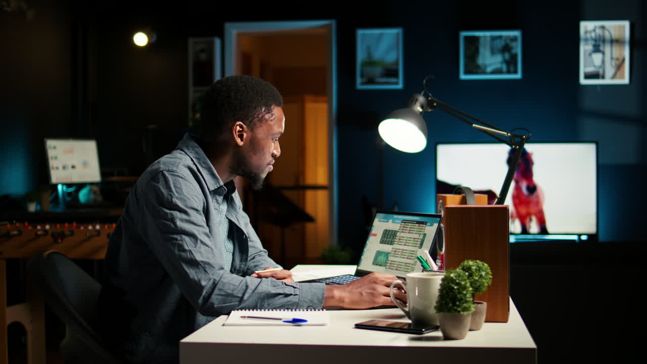Remote job professional at personal office balancing activities like research