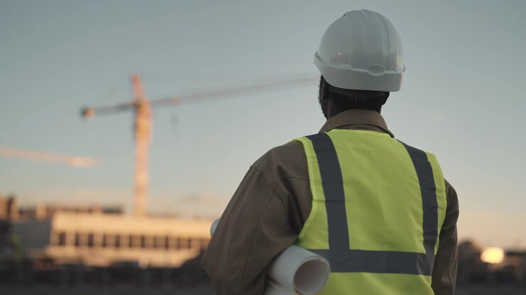 Construction Engineer Looking at Building Site at Sunset