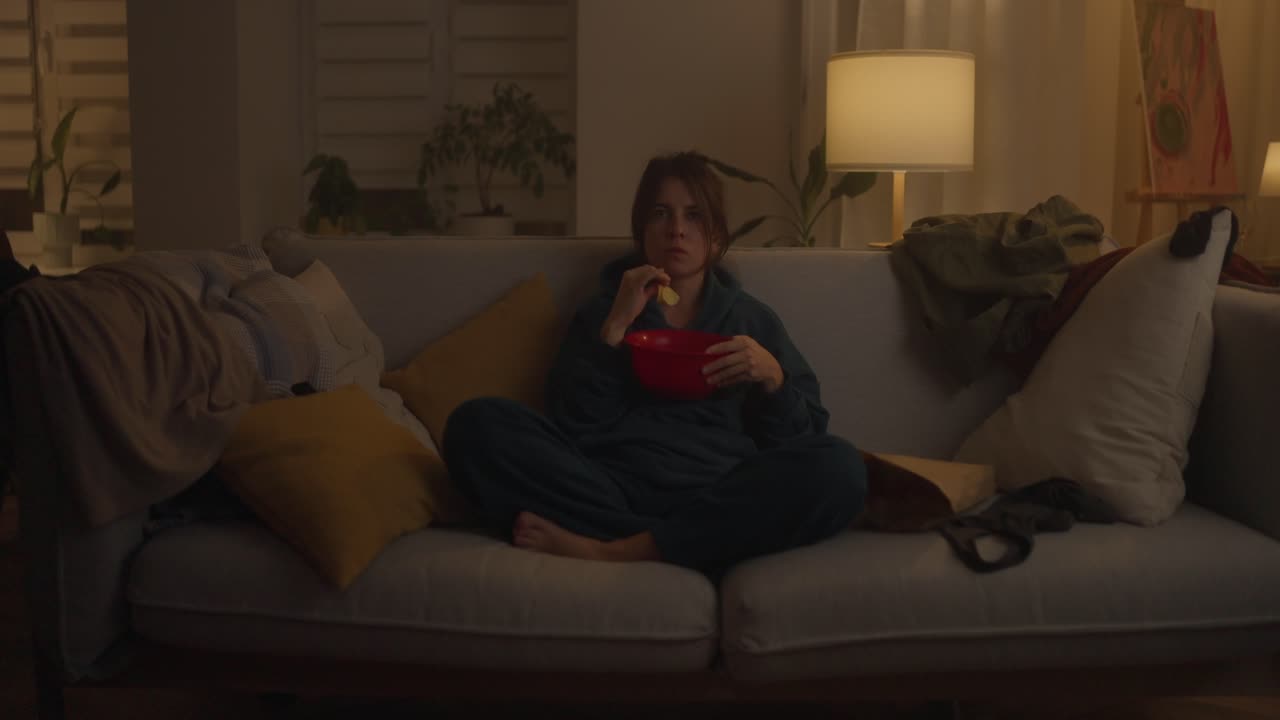 Kvinde slapper af derhjemme, ser tv og spiser popcorn