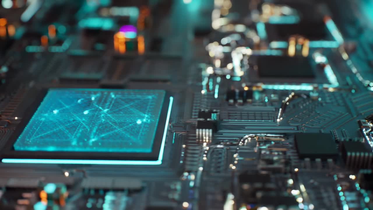 Futuristic circuit board close-up, angled view, glowing elements. Ideal for tech video. Live desktop
