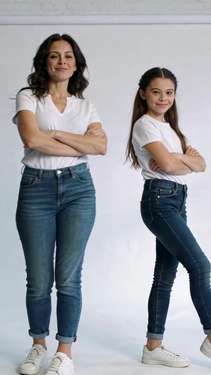Video verticale: Adulto in posa su indicazione, bambino che muove i fianchi in studio, indossando magliette bianche e jeans.