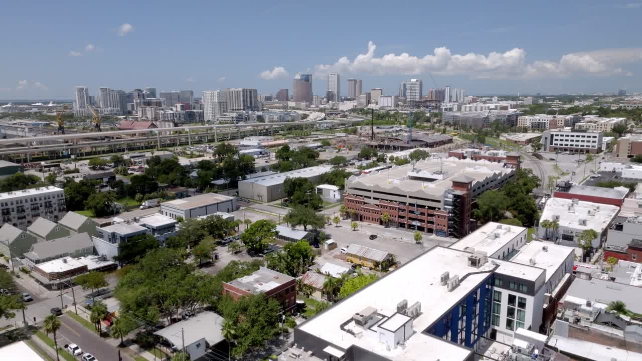 Ybor City neighborhood in Tampa, Florida with drone video moving up