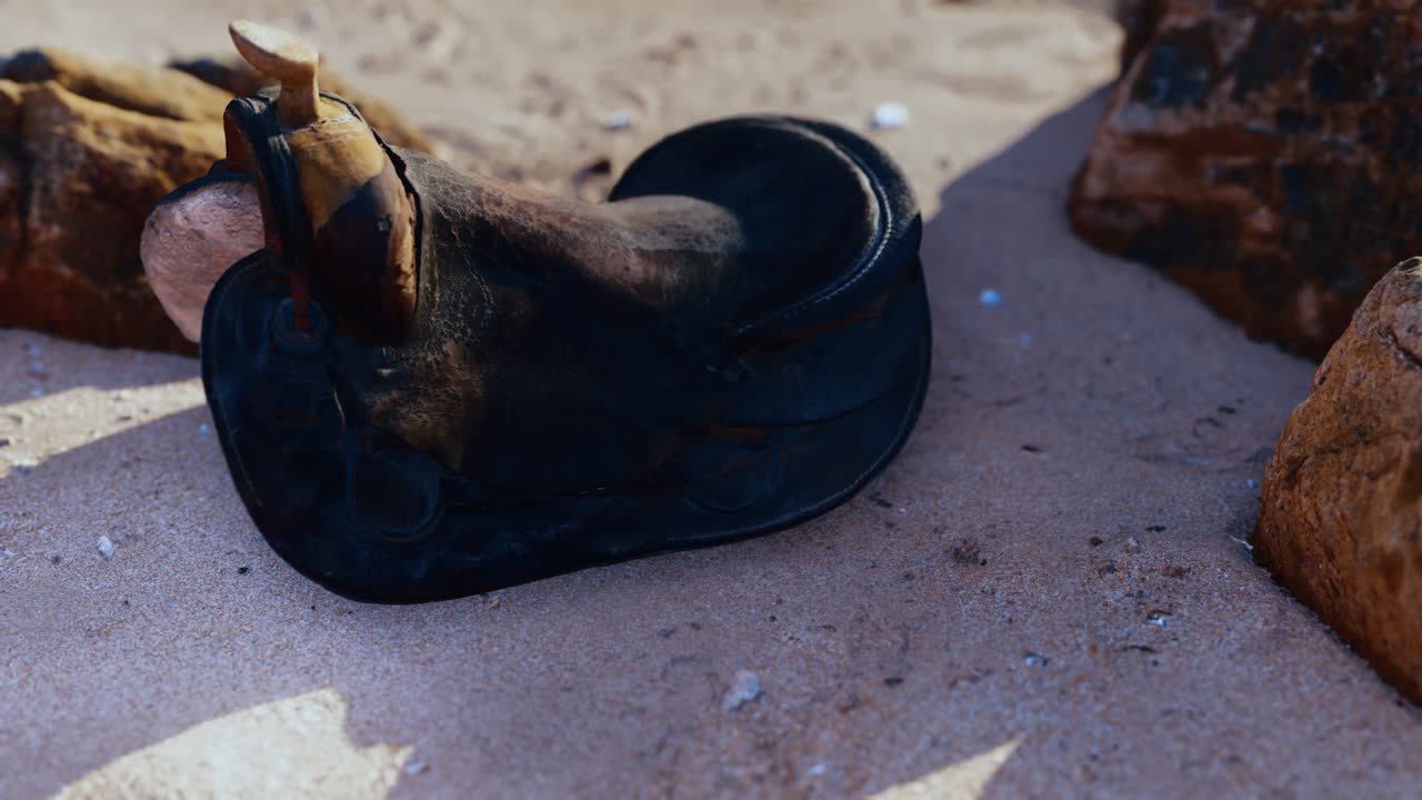 old horse saddle on sand beach