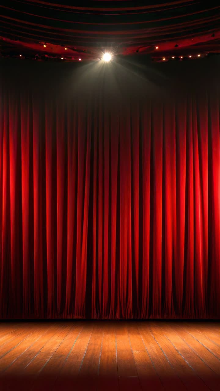 Una scena teatrale intensa con tende rosse e faretti dall'alto. Acquisita da un angolo basso