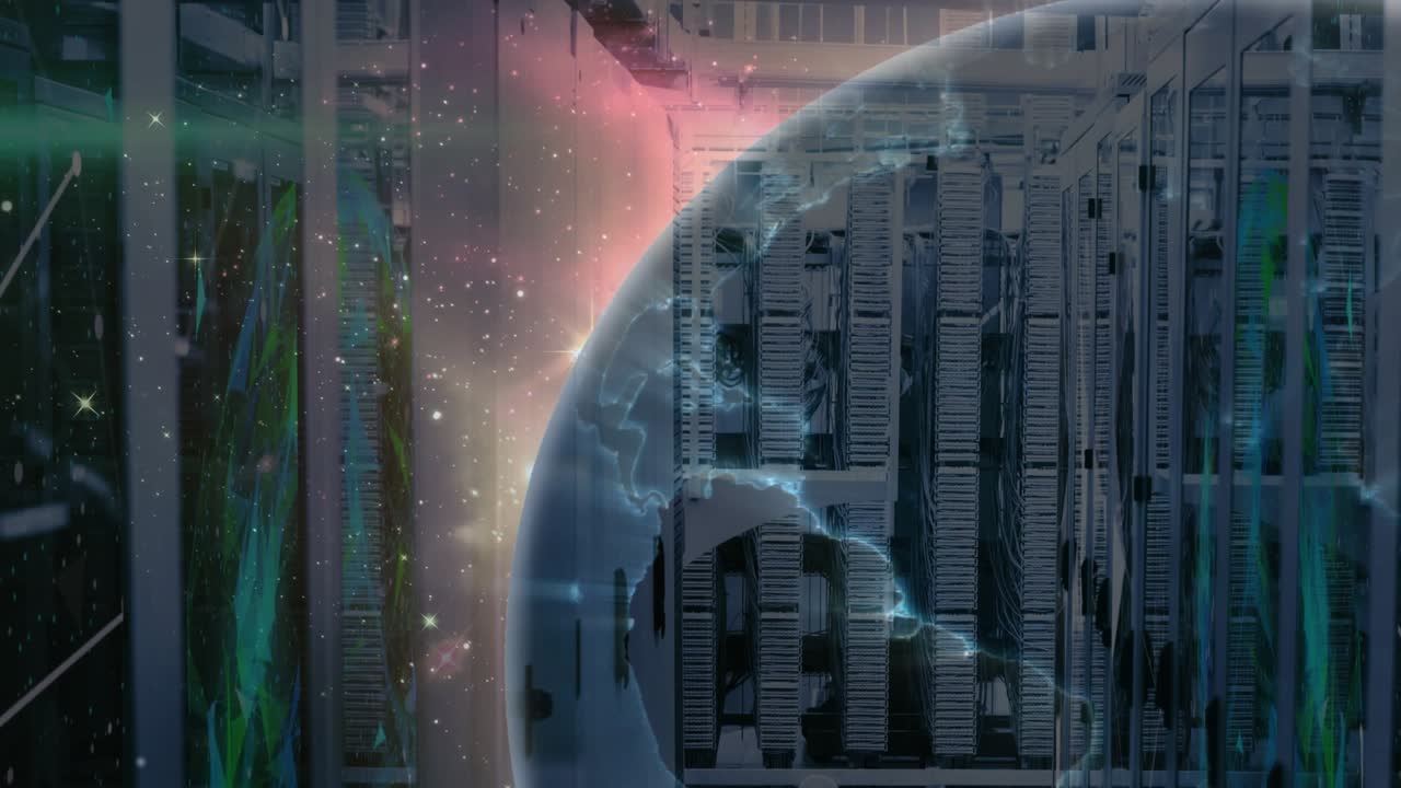 Globe entering from left, rotating, enlarging to center, revealing continents and visualizing data