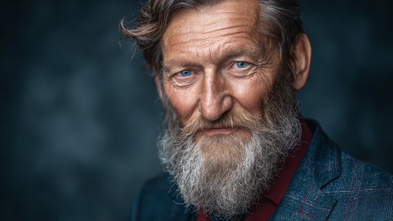 En vis og erfaren person med et fornemt skæg og slående blå øjne udstråler en fængslende tilstedeværelse i et roligt, stemningsfuldt portræt