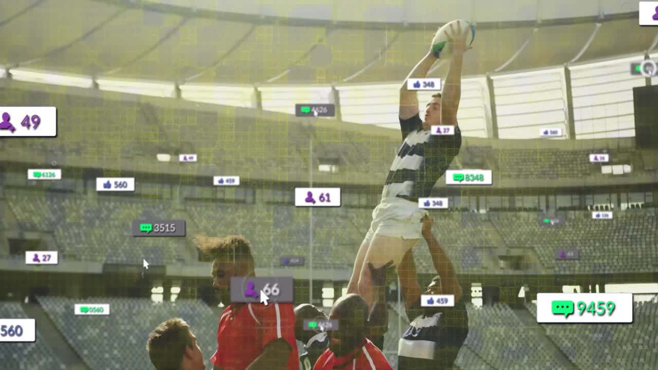 多様なラグビー選手の上空でデジタルデータ処理のアニメーション