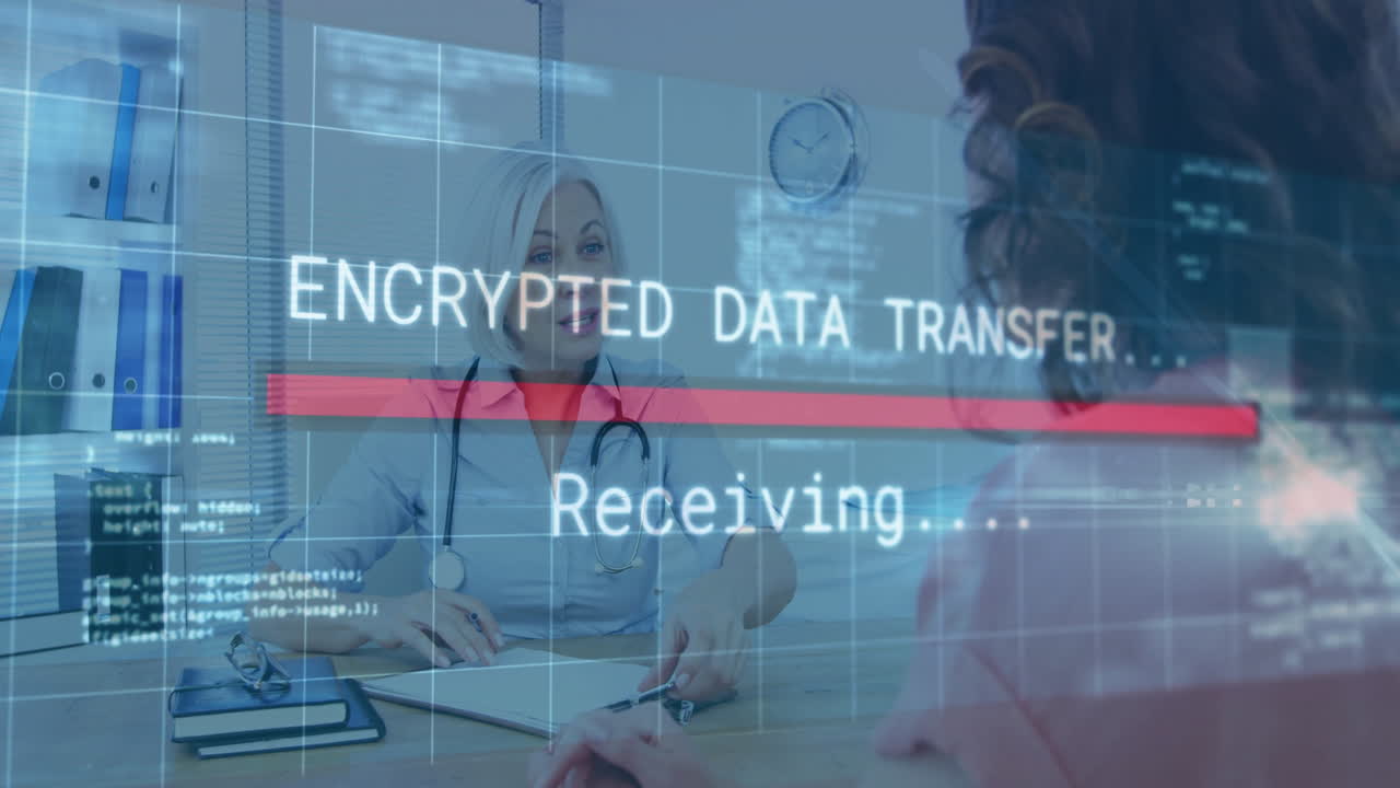 Female doctor wearing scrubs handing pen to patient in clinic, with digital code overlay